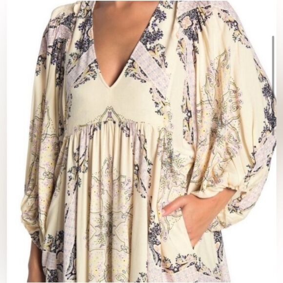Free People oversized ivory boho empire waist flowy tunic top w/ pockets size XS - Picture 4 of 13